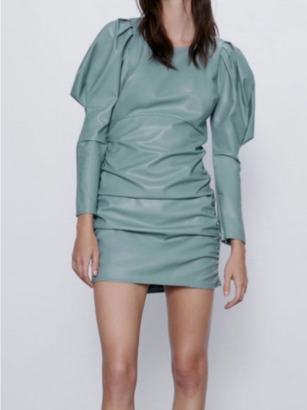 Zara Green-Gray Long Puff-Sleeve Ruched Faux Leather Mini Dress Size S